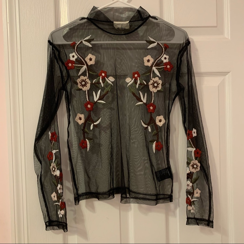 Black Mesh Floral Embroidered Mock Neck Top